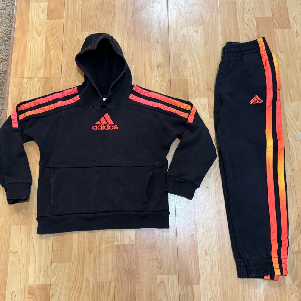 Adidas Kids Black Sweatpants suit Black and Orange Stripes